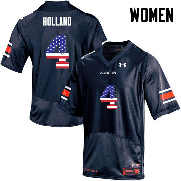 Women's Auburn Tigers #4 Jeff Holland USA Flag Fashion Navy College Stitched Football Jersey